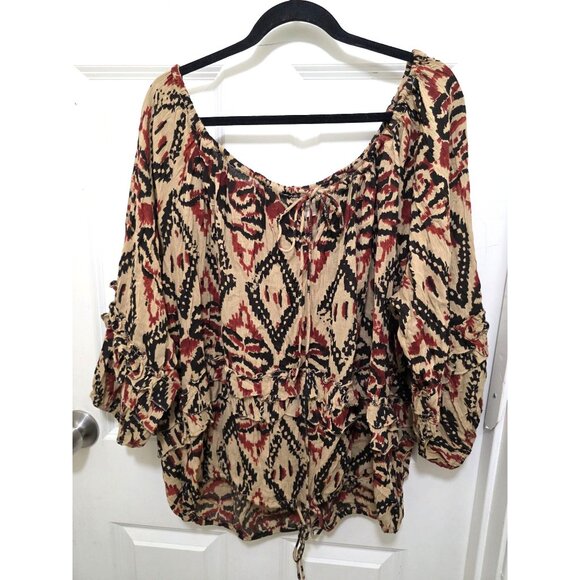 RALPH LAUREN DENIM & SUPPLY WOMEN L OVERSIZE PEASANT BLOUSE IKAT PRINT RUFFLE SL - Picture 2 of 9